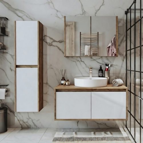 BY031 BEYAZ AHŞAP 3LÜ SET BANYO DOLABI