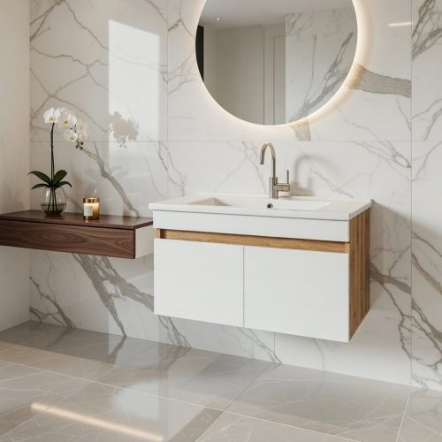 BY035 BEYAZ AHŞAP BANYO DOLABI+YUVARLAK IŞIKLI AYNA