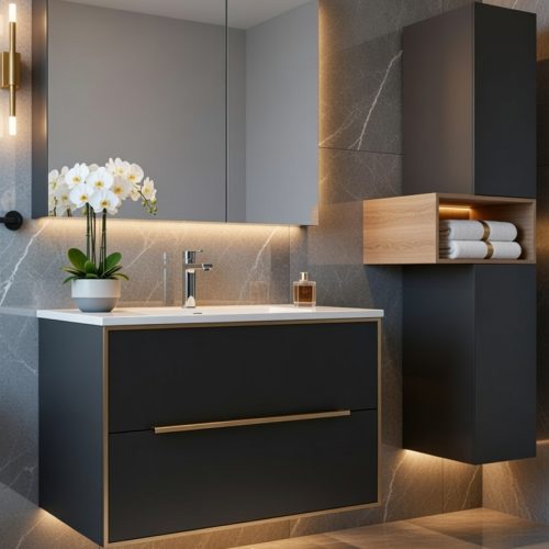 BY047 SİYAH GOLD DETAYLI BANYO DOLABI 3LÜ SET