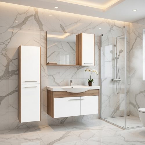 BY048 BEYAZ AHŞAP 3LÜ SET BANYO DOLABI