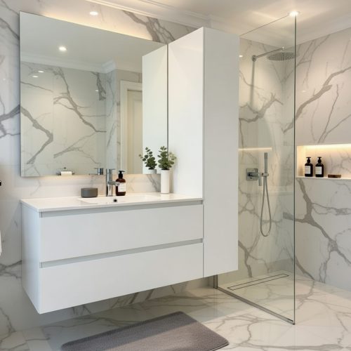 BY056 BEYAZ LAKE KAPAKLI BANYO DOLABI 2Lİ SET+AYNA