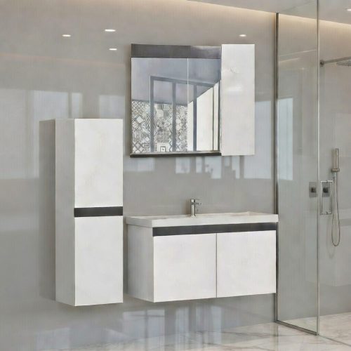 BY058 BEYAZ SİYAH DETAYLI 3 LÜ SET BANYO DOLABI