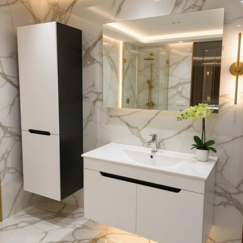 BY063 BEYAZ SİYAH 2Lİ SET+AYNA BANYO DOLABI MEBRAN KAPAK