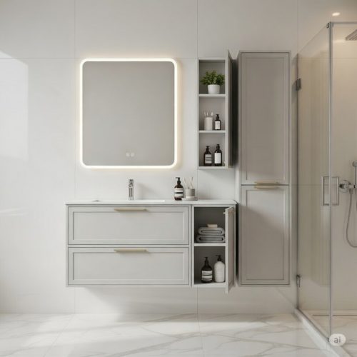 BY067 KUM BEJİ MEBRAN KAPAK 3LÜSET+AYNA BANYO DOLABI