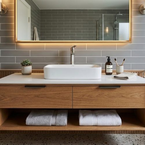 BY070 AHŞAP DESENLİ 2 KAPAKLI BANYO DOLABI +AYNA+IŞIK