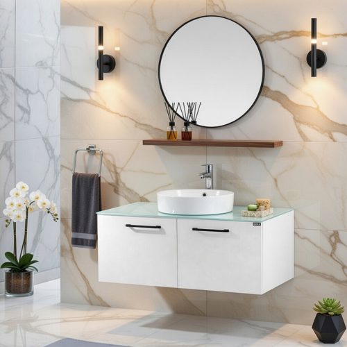 BY071 CAMLI TABANLI BEYAZ AHŞAP DESENLİ BANYO DOLABI+RAF+AYNA