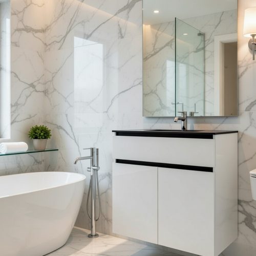 BY076 SOFT BEYAZ SİYAH DETAYLI BANYO DOLABI ALT VE ÜST