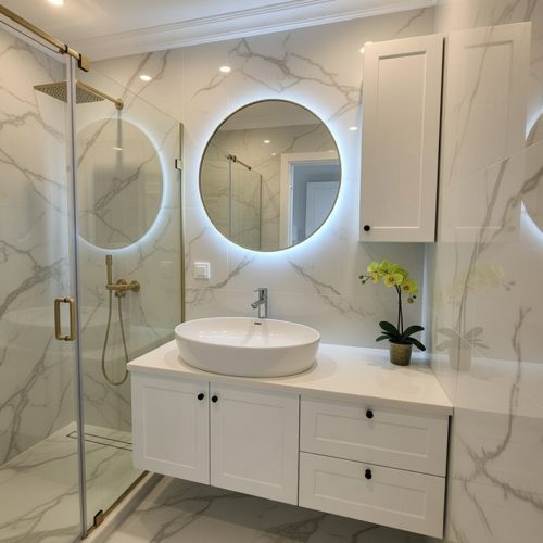 BY090 BEYAZ MEBRAN KAPAK BANYO DOLABI+IŞIKLI AYNA