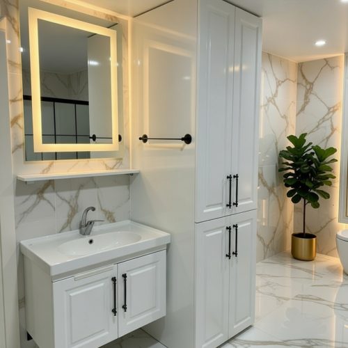 BY092 BEYAZ MEBRAN BANYO DOLABI 3LÜ SET+IŞIKLI