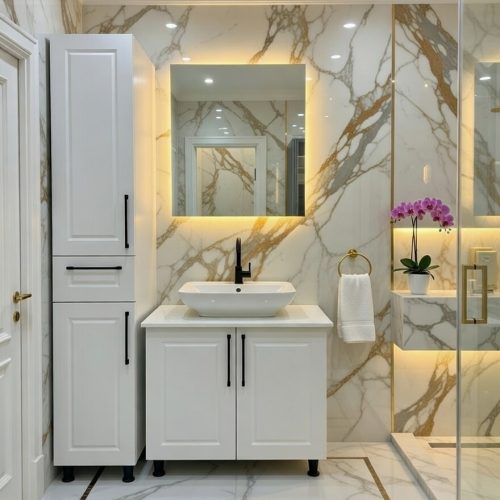 BY101 BEYAZ MEBRAN BANYO DOLABI 3LÜ SET+IŞIKLI AYNA