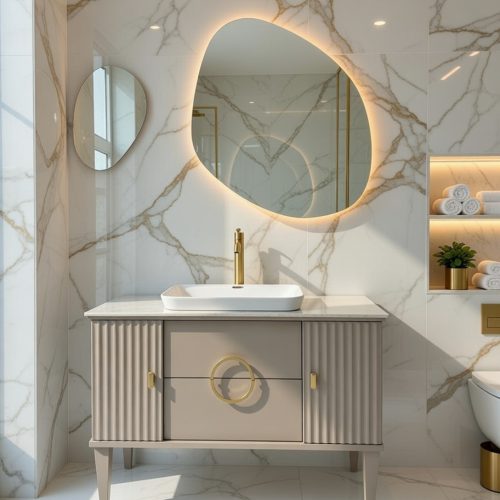 BY104  ŞIK BANYO DOLABI MEBRAN KAPAKLI +IŞIKLI AYNA