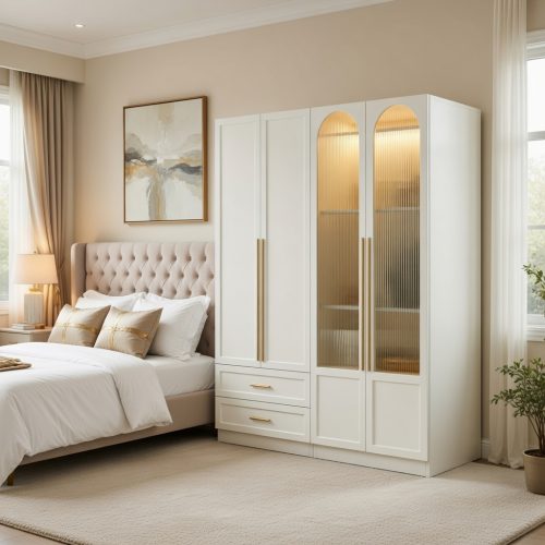 GDP038 4 KAPAKLI 2 ÇEKMECELİ MEBRAN GARDROP NEVRİMLİ CAM+IŞIK