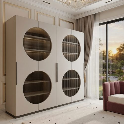 GDP042 YUVARLAK NEVRİMLİ CAMLI KAPAK 4KAPILI GARDROP