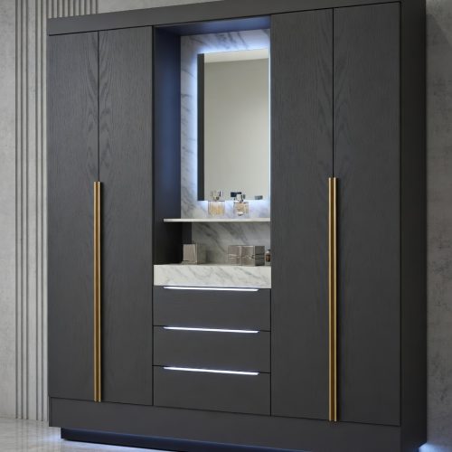 GDP069 AĞAÇ DESENLİ MATSİYAH 4 KAPAKLI 3ÇEKMECELİ LED Lİ GARDROP