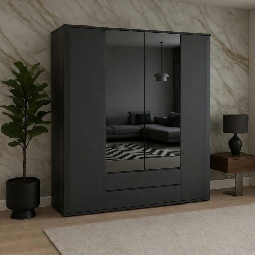 GDP072 4 KAPAKLI 4 ÇEKMECELİ MAT SİYAH MEBRAN KAPAK GARDROP